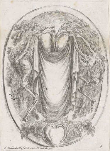 Cartouche with a shroud on tree branches and two skeletons
