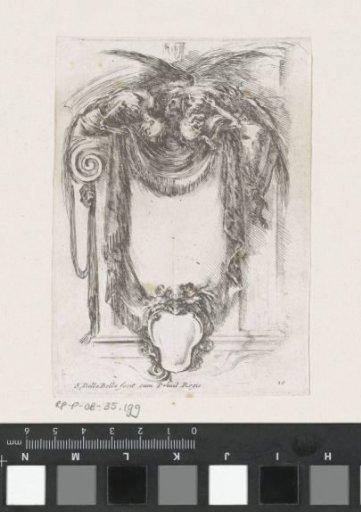Cartouche with drapery held up by two winged skeletons