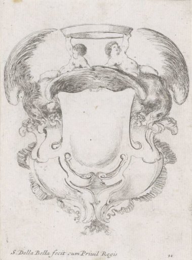 Cartouche with two eagles and two putti holding a crown