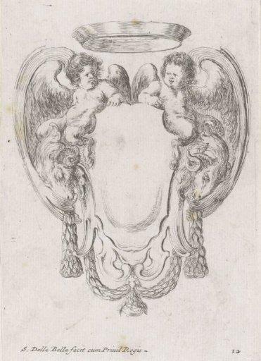 Cartouche with two ram's heads, two putti and a crown