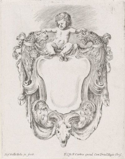 Cartouche with a putto, two panther heads and a ram's skull