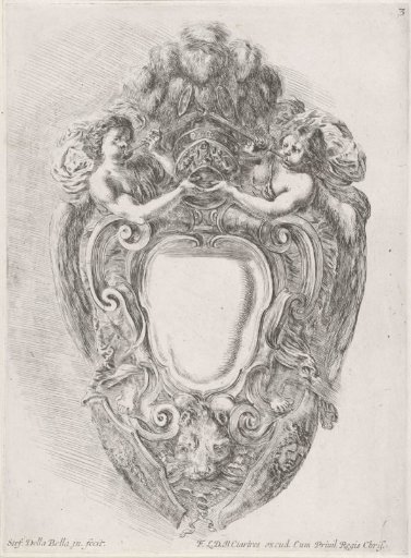 Cartouche with lion's head, two shields and two trumpeting angels supporting a helmet