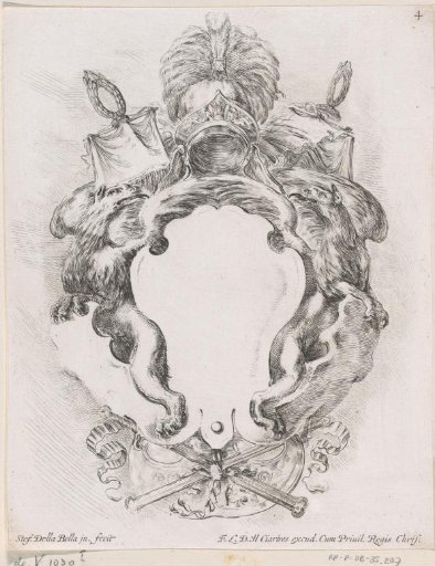 Cartouche with two eagles, a helmet with plume and two empty shields