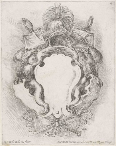 Cartouche with two griffins and a helmet above