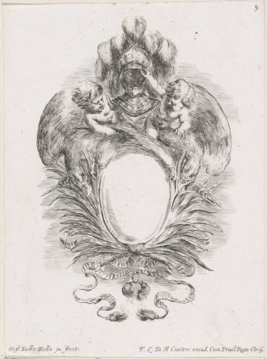 Cartouche with two putti on eagles holding up a helmet together