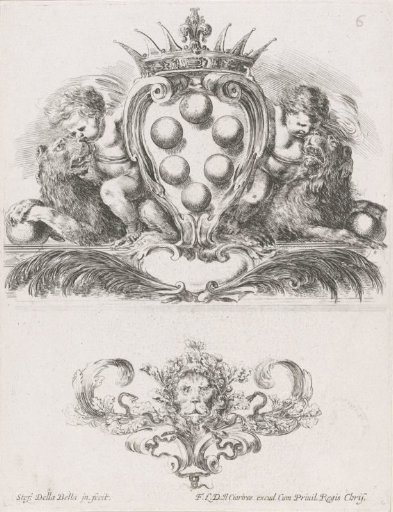 Cartouche with coat of arms and vignette with lion's head