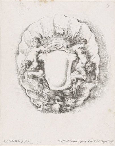Cartouche with shell, crown and tritons with sirens on their shoulders