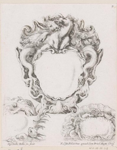 Cartouche with two seahorses biting each other and two small cartouches with sea creatures