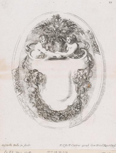 Cartouche with two naked women flowing into leaf ornament holding a vase with flowers