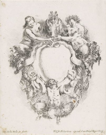 Cartouche with two male and one female satyr and a jug of wine