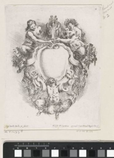 Cartouche with two male and one female satyr and a jug of wine
