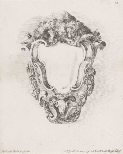 Cartouche with two lions, an ox and a ram's skull