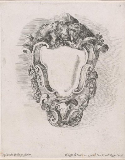 Cartouche with two lions, an ox and a ram's skull