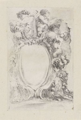 Cartouche with male and female satyr with jugs, a young satyr and two lying goats
