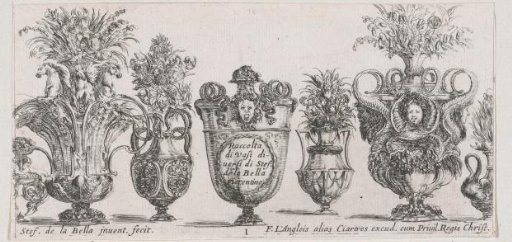 Title page with seven vases in a row, the middle one with head of Medusa and title