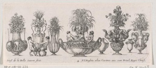 Eight vases in a row, the middle one with two nymphs and a triton