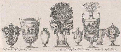 Eight vases in a row, the middle one with two skulls with open mouths