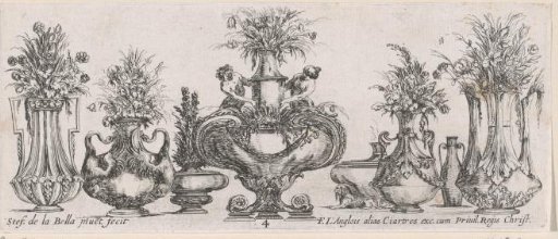 Eight vases in a row, the middle one with satyr and nymph