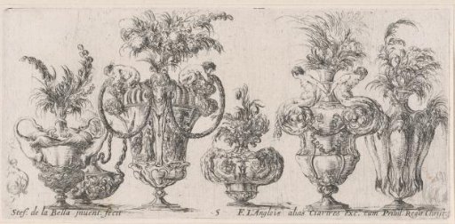 Six vases in a row, the third from the left with two satyrs and a ram's head