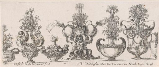 Seven vases in a row, the middle one with putti carrying jugs on their shoulders