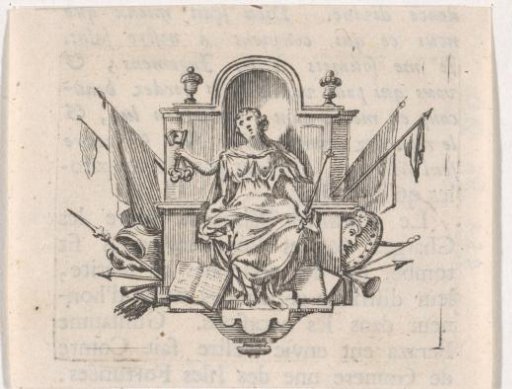 Vignette with seated woman with keys, scepter, book and armor