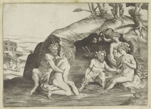 Three nymphs and two satyrs bathing