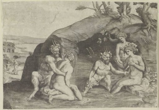 Three nymphs and two satyrs bathing