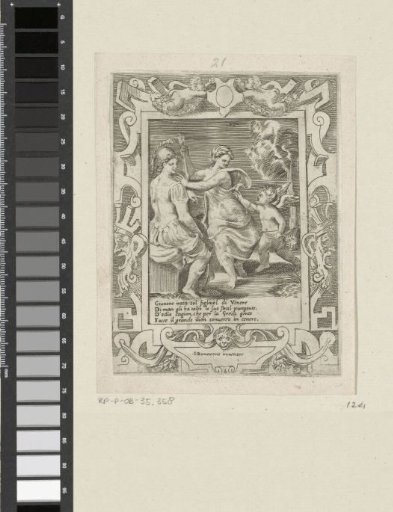 Minerva seated beside Juno who snatches the arrows of Amor