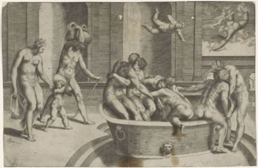 Men and women in a large bath tub
