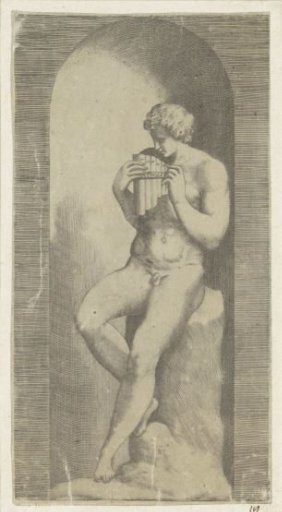 Naked man with pan flute in a niche