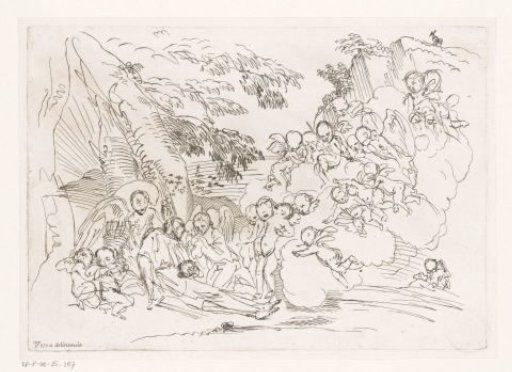Man with a cross lying against a rock, surrounded by angels