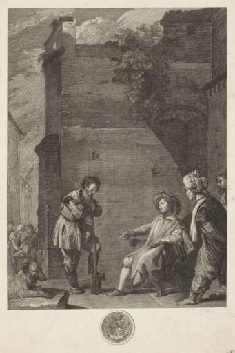 Man on a Seat Speaking to a Man Leaning on a Shovel