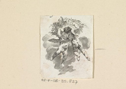 Two floating putti with a wreath of leaves