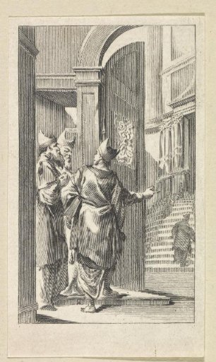 Three priests at the portal of a sanctuary