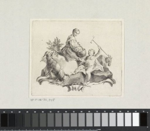 Woman with a basket, a putto with a rake-like tool and two goats