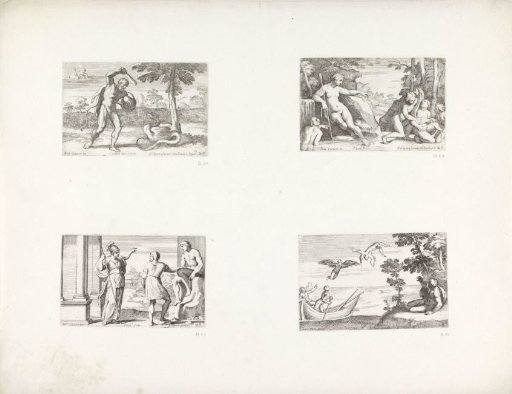 Hercules fighting the dragon in the garden of the Hesperides / Diana discovers Callisto's pregnancy / Minerva brings a statue to life / The Fall of Icarus