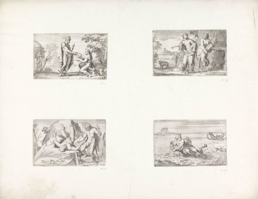 Mercury gives a lyre to Apollo / Juno points out to Diana Callisto transformed into a bear / Hercules frees Prometheus / Arion brought to safety by a dolphin