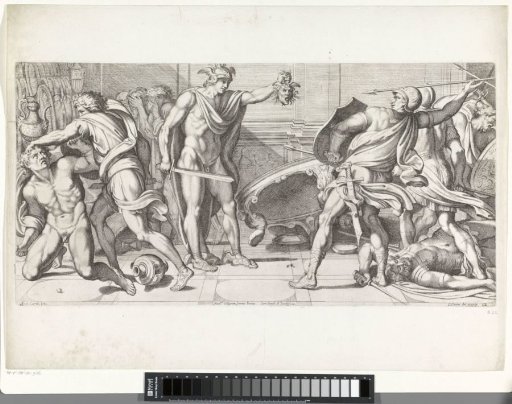 Perseus turns his enemies into stone with the head of Medusa