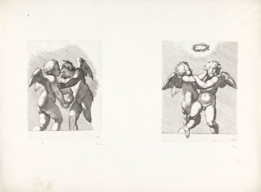 Two putti about to embrace each other / Two fighting putti