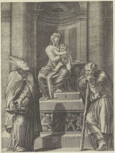 Saint Joseph and a Bishop at an Altar with Mary and Child