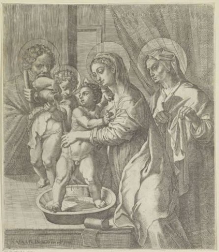 Mary and the young John the Baptist washing the Christ Child