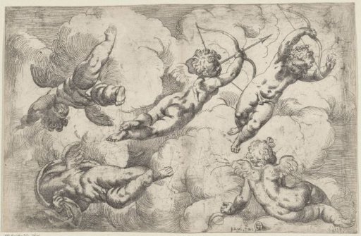 Five putti floating among the clouds