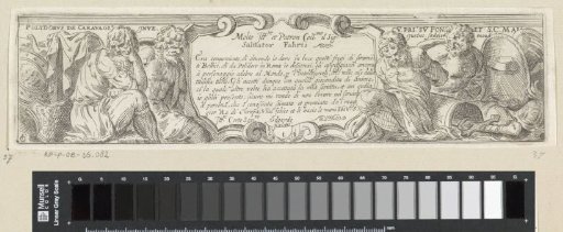 Title page with a cartouche flanked by weapons and four men, three of whom are bound (prisoners of war or enslaved persons)
