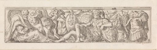 Frieze with a young soldier, an old man and a woman between weapons