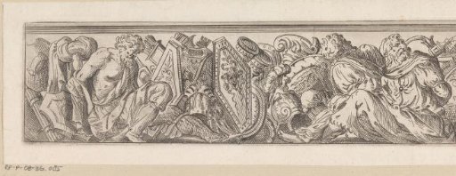 Frieze with three bound men (prisoners of war or enslaved persons) and weapons
