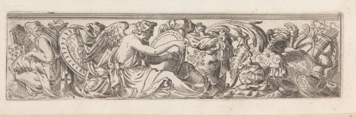 Frieze with the personification of History writing on a round tablet between weapons