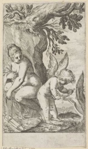 Venus looks at Cupid making a bow