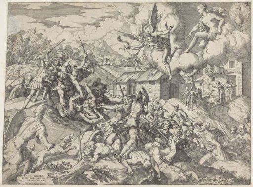 Soldiers of Aeneas fight with servants of King Latinus
