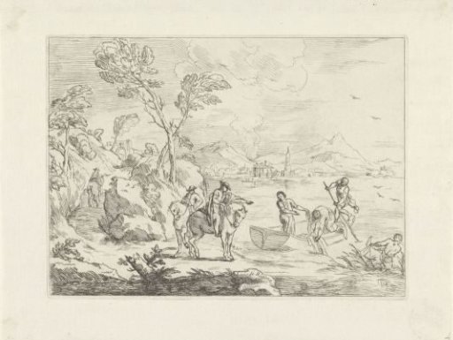 Riders and fishermen on the shore of a lake
