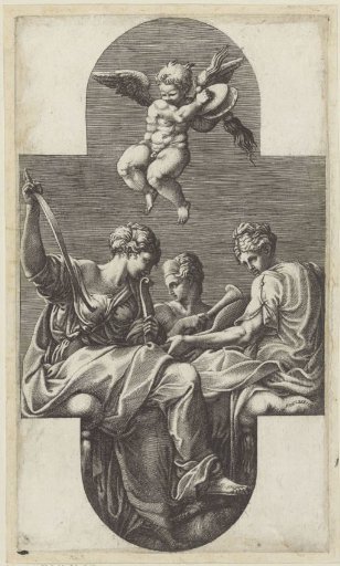 Three Muses and a putto with cymbals
